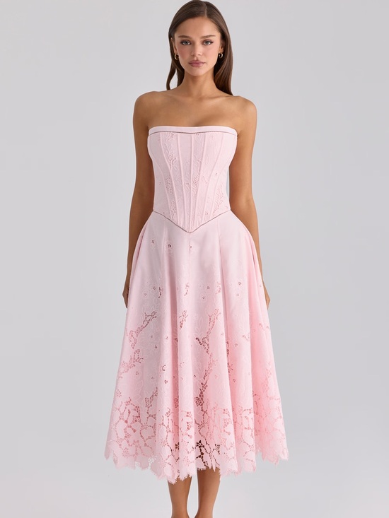 House of CB Dresses & Skirts - House of CB BELISSA Pink Strapless Custom Lace + Broderie Anglaise Midi Dress